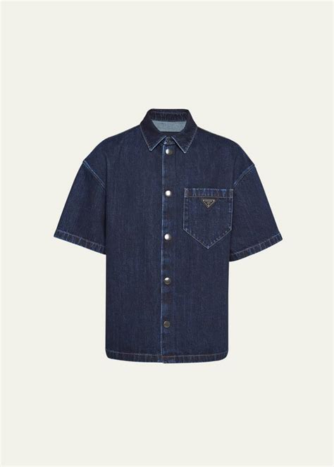 Prada Men's Boxy Denim Bowling Shirt 